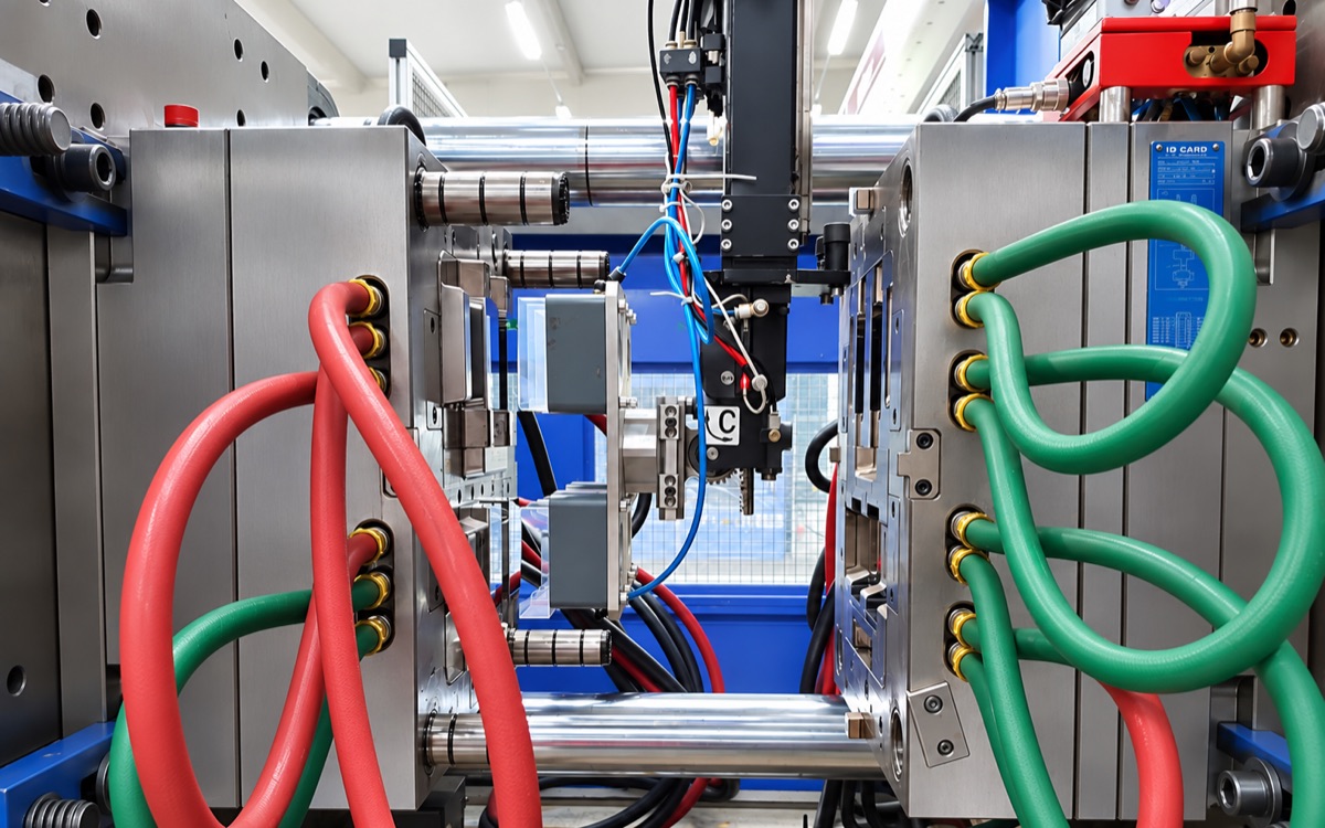 Molde de caixa para cartões de visita montado numa máquina de injeção
